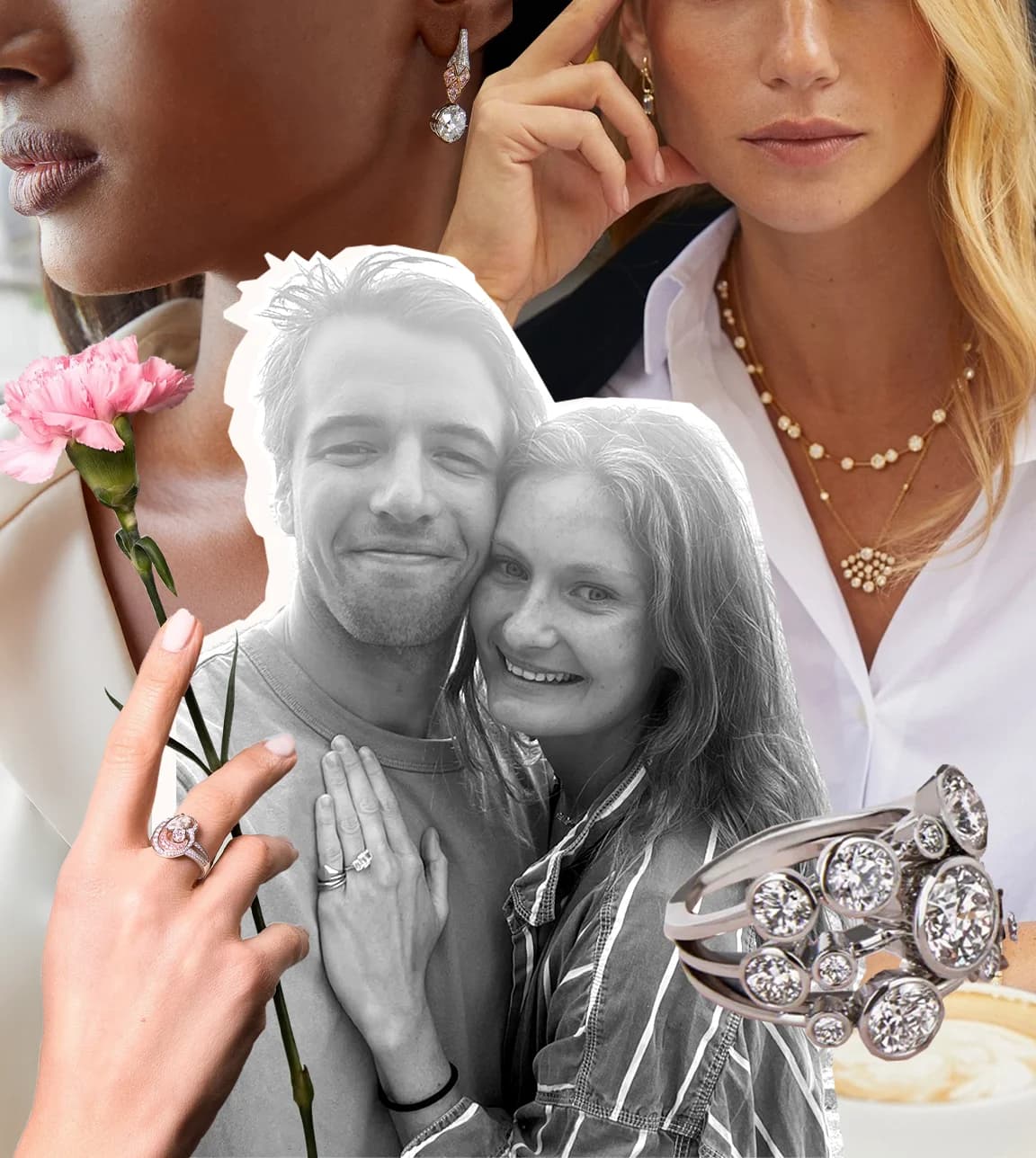 A collage featuring Honour Wainwright & Charlie Coleman's engagement photo and Boodles wedding jewellery