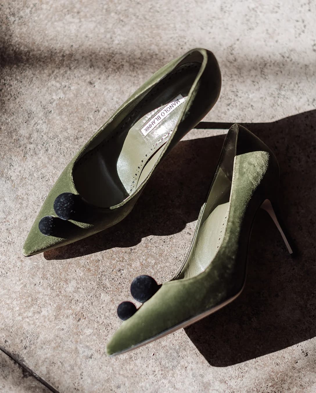 Moss green wedding shoes from Manolo Blahnik