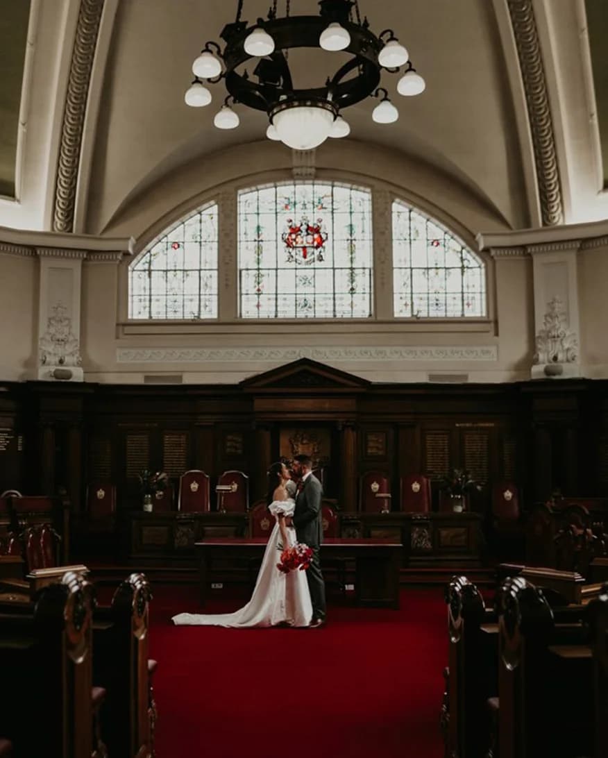 Bride and groom during their wedding ceremony at Islington Town Hall