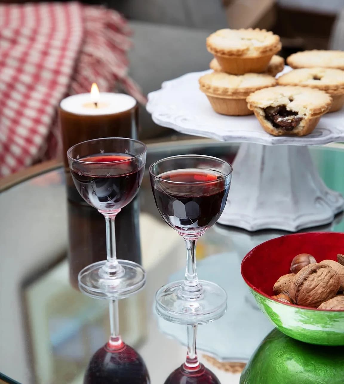 Christmas table with mince pie and liquor in The Vintage List liquor glasses