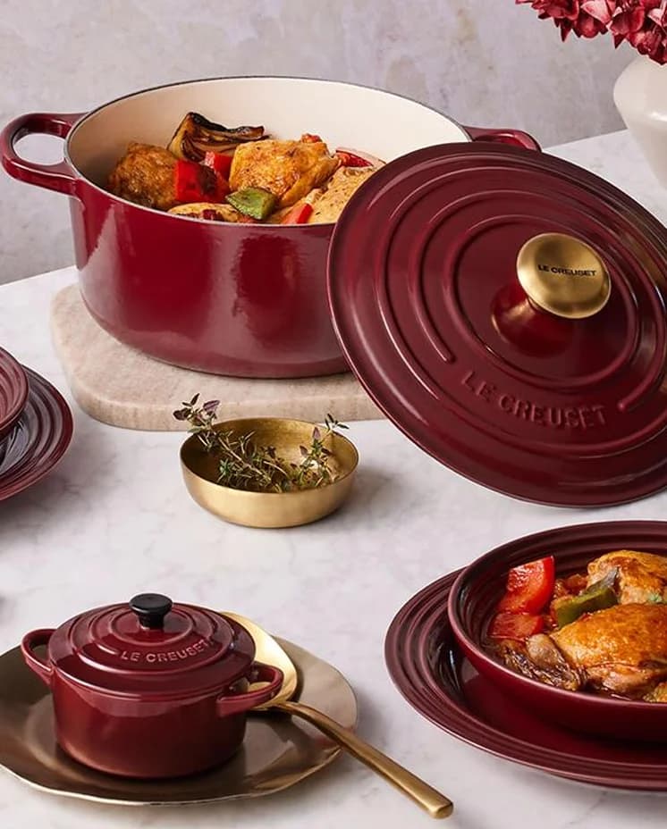 Christmas meal served in burgundy Le Creuset casserole pot