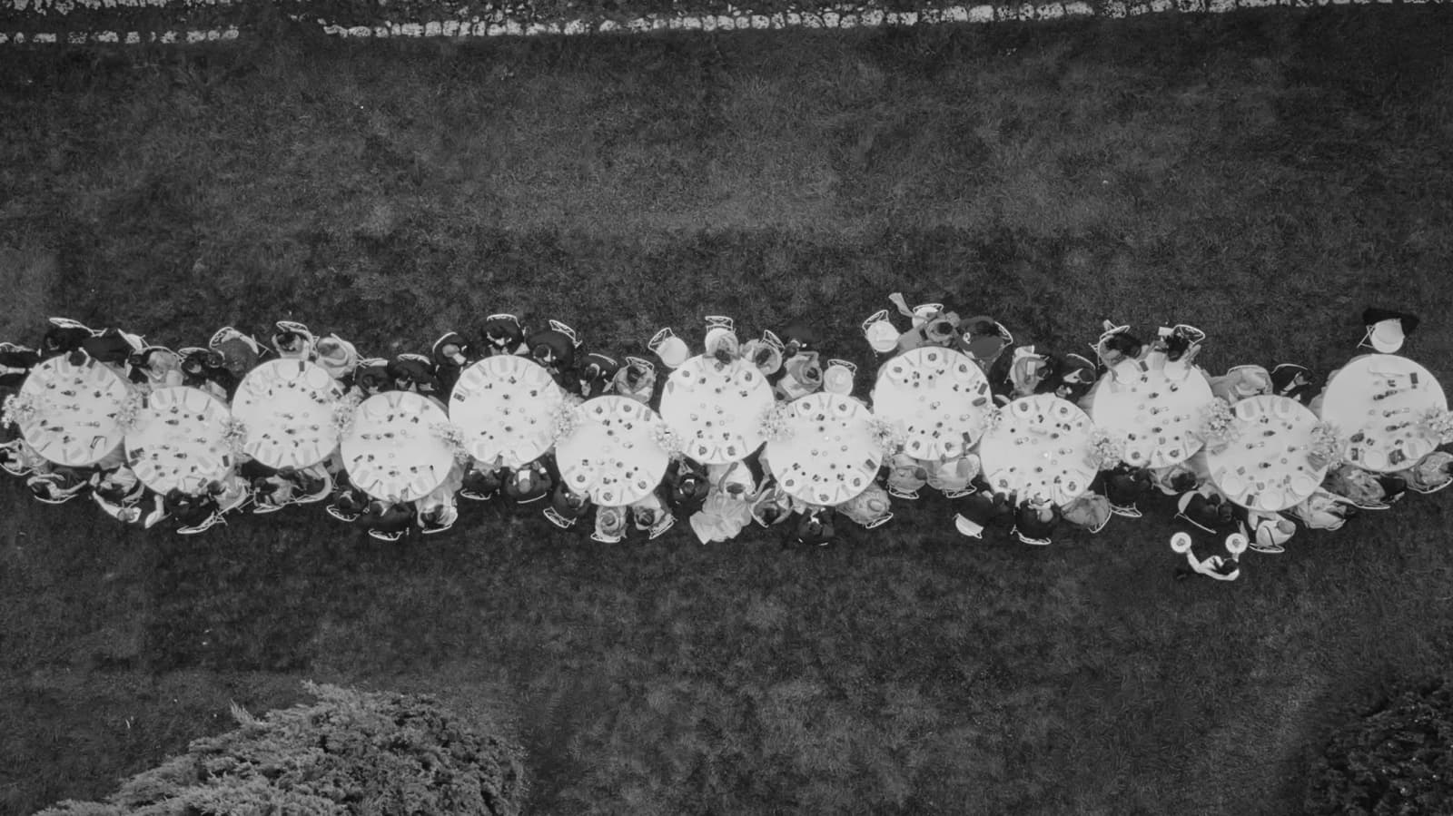 An aerial view of a long wedding reception table set on a lawn, with guests gathered around circular tables.