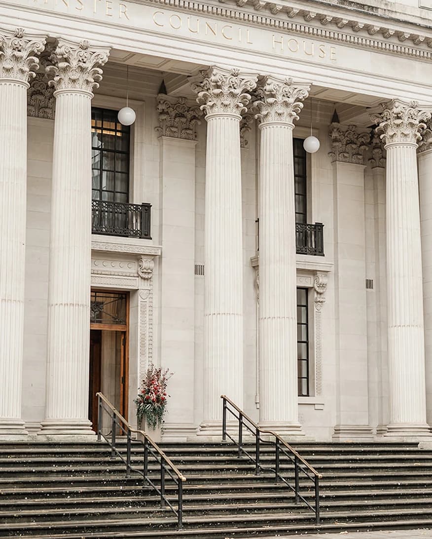 Old Marylebone Town Hall wedding venue London with neoclassical façade, columns, and iconic ceremony entrance