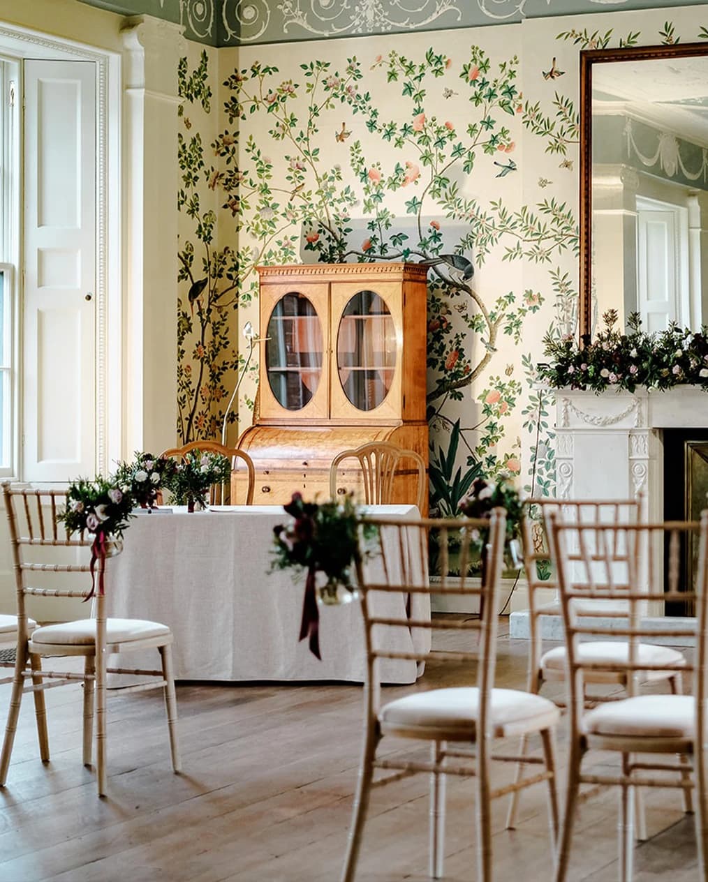 Wedding ceremony room at Pitzhanger Gallery & Manor London with hand-painted walls, elegant seating, and intimate setting