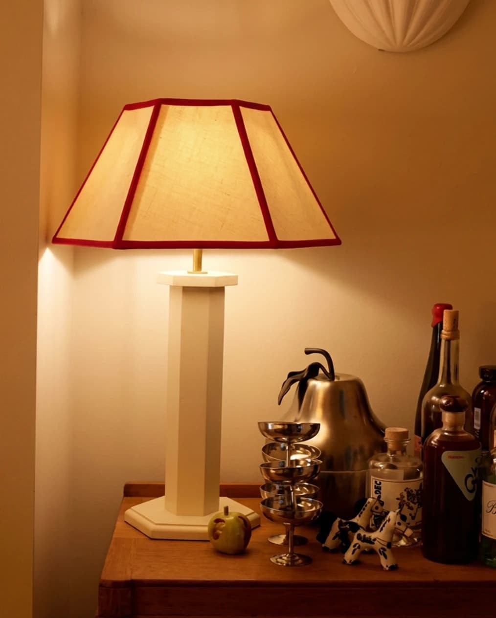 A wedding gift pick, Issy Granger lamp shade and base next to Lucy Williams' home decor