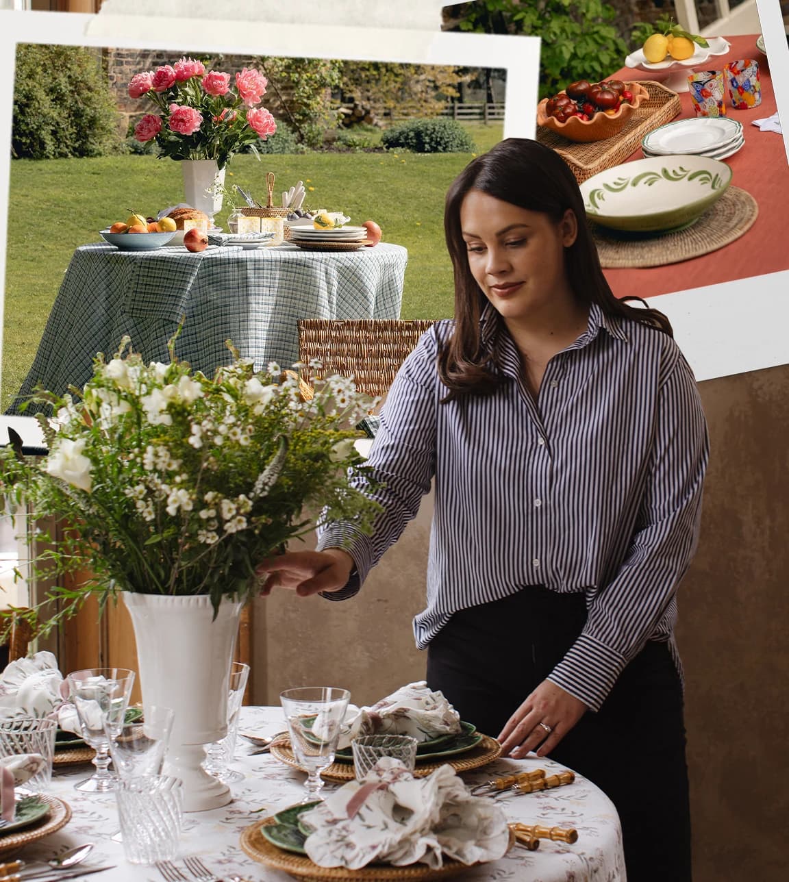 A collage of outdoor tablescapes and Rebecca Udall setting the table
