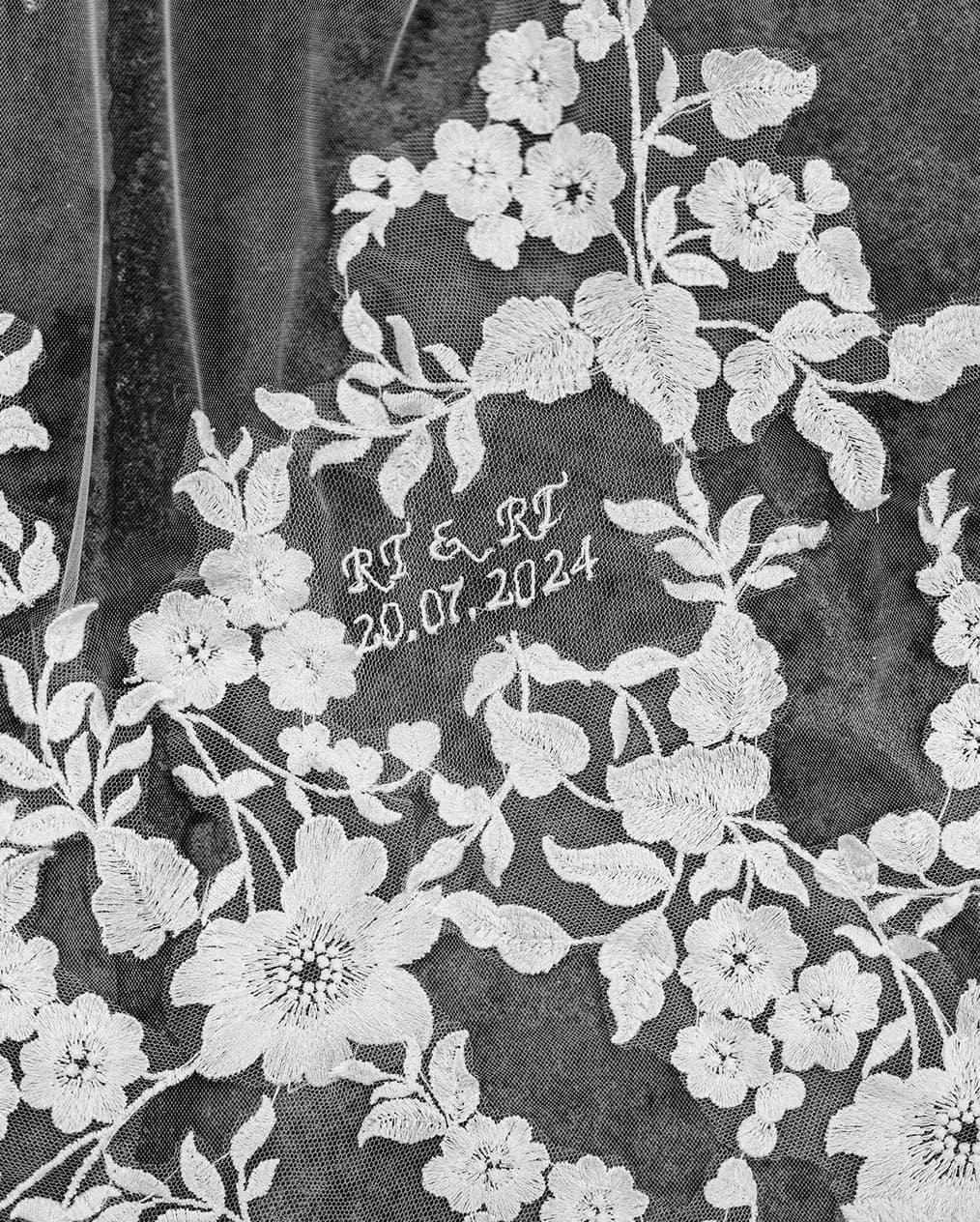 An embroidered veil with bespoke wedding date