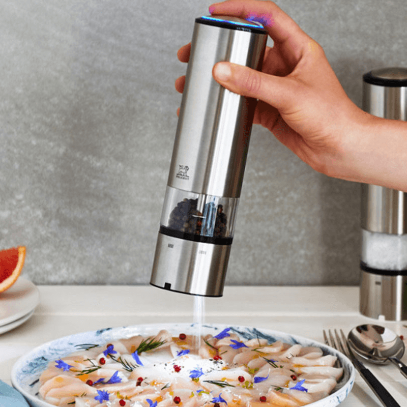 Elis Sense u' Select Electric salt mill, brushed stainless steel finish