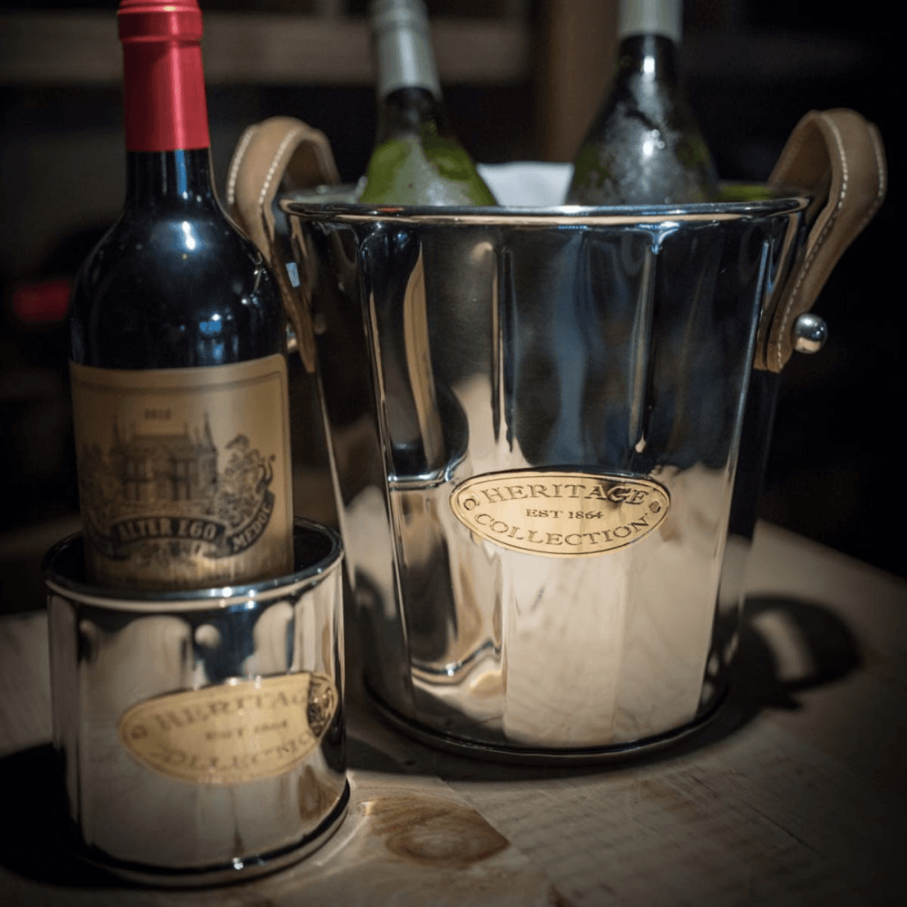Heritage Wine cooler with leather handle, 22 x 23cm, Stainless Steel, Brass And Leather