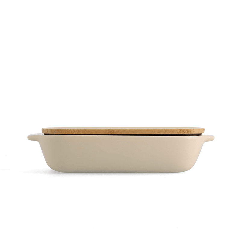 Stoneware Dish with Bamboo Lid, 26cm, Almond Cream