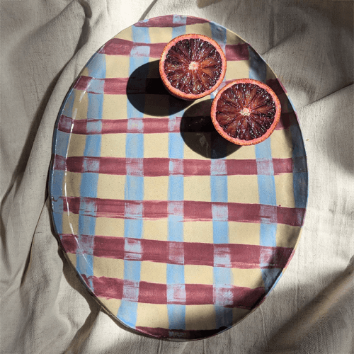 Image showing the Rosie Gore Gingham Oval Platter, 26cm x 32cm, Baby Blue & Burgundy product.