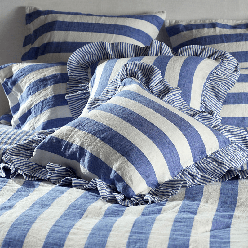 Cora Stripe Linen Wide Stripe Frill Edge Cushion Cover, Cobalt