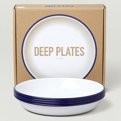 Image showing the Set of 4 enamel deep plates, White With Blue Rim product.