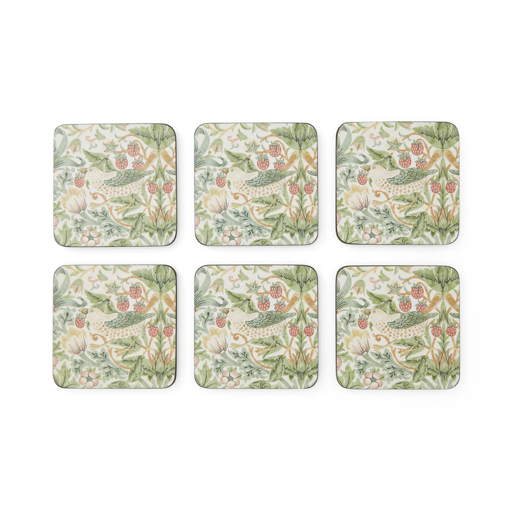 Strawberry Thief Set of 6 Coasters, Green