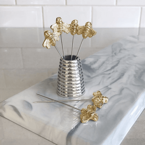 Image showing the Bee Set of 6 large olive picks and holder, H5cm, Silver product.