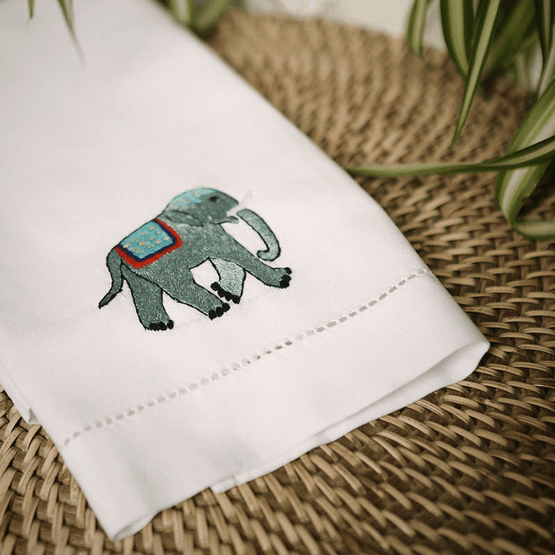 Elephant Hand Towel, White/Green/Blue
