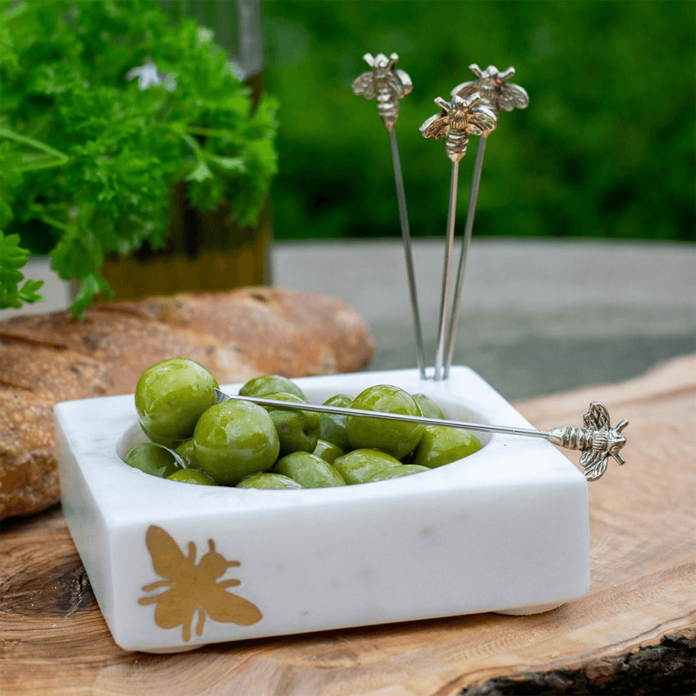 Bee Set of 4 Olive Picks and Holder, White