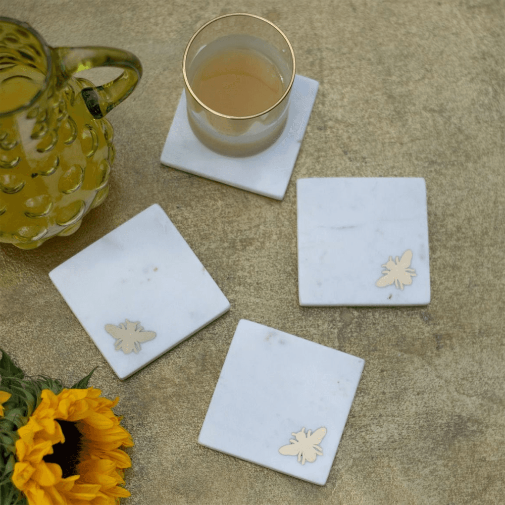 Bee Set of 4 Coasters, White