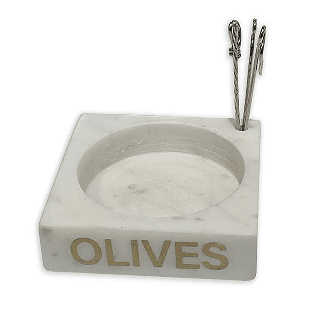 Olive Set of 4 Picks and Holder, White