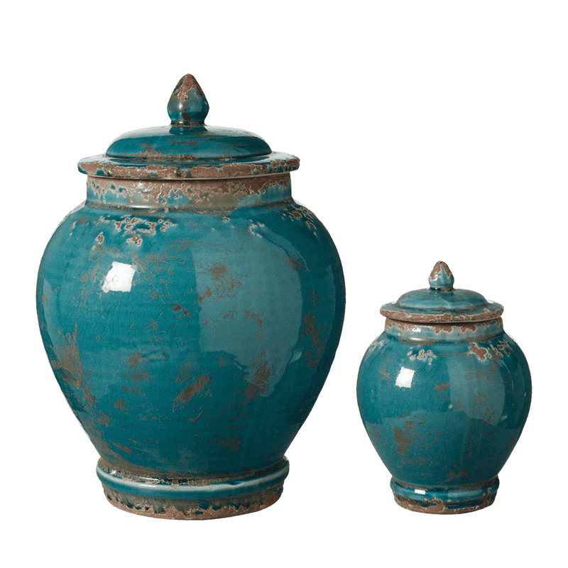 Zion Lidded Set of 2 Urns, large H32 x D23cm - small H19 x D13cm, Aruba Blue
