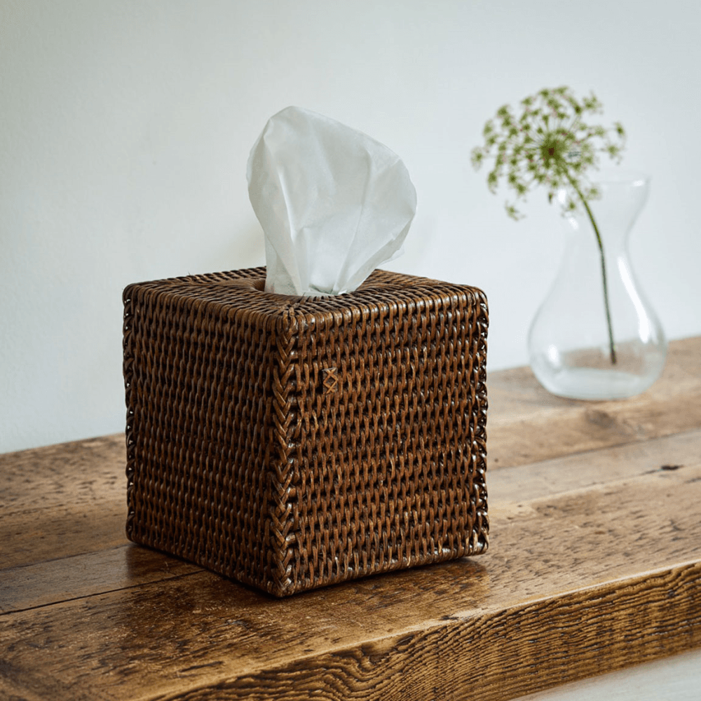 Heho Square Rattan Tissue Box, Brown