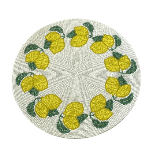 Image showing the Lemon Set of 2 Ring Beaded Placemat, Yellow & White product.