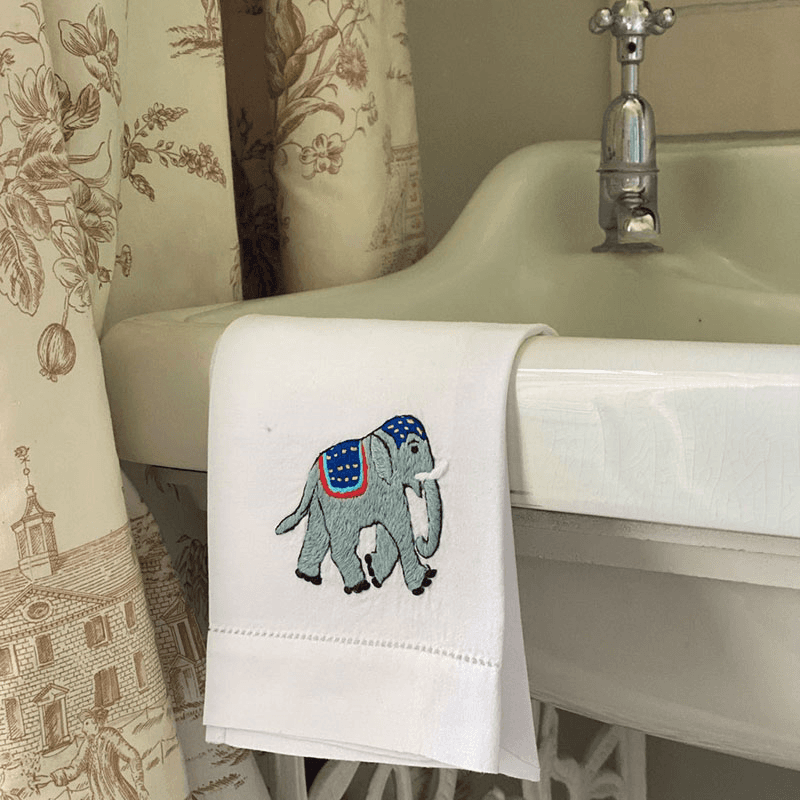 Elephant Hand Towel, White/Green/Blue
