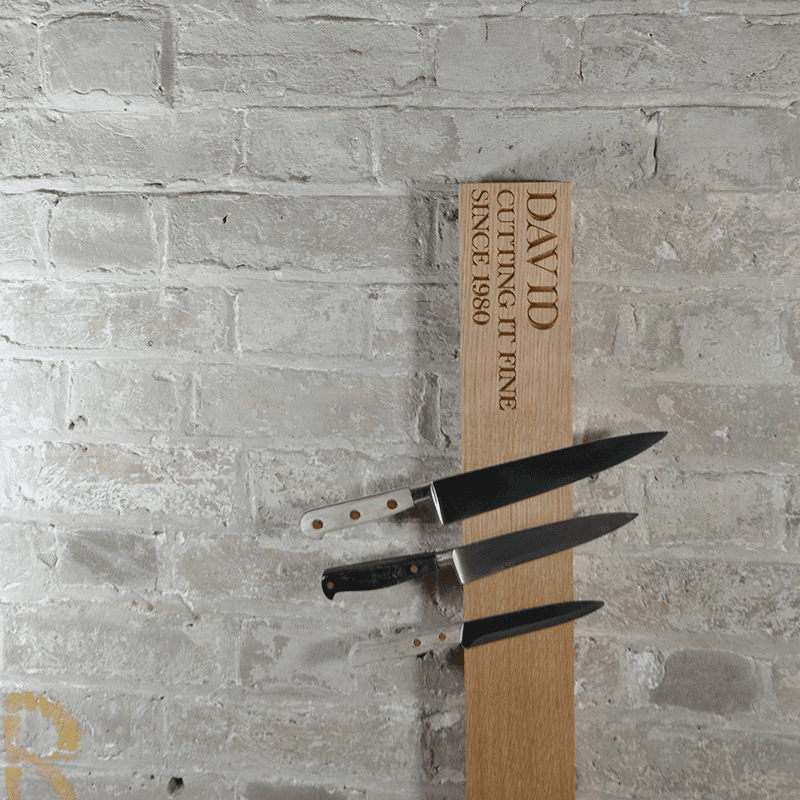 Personalised wall mounted magnetic knife rack, 55 x 9 x 3.5cm, oak