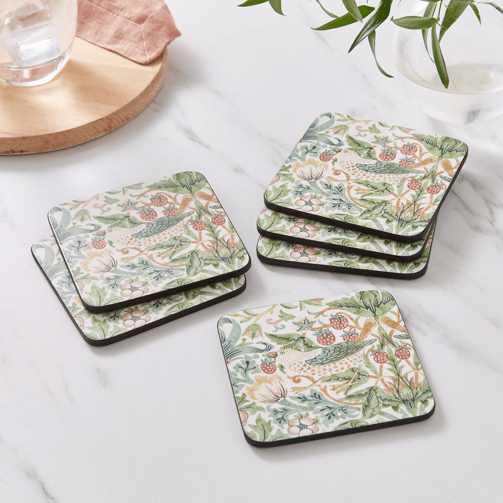 Strawberry Thief Set of 6 Coasters, Green
