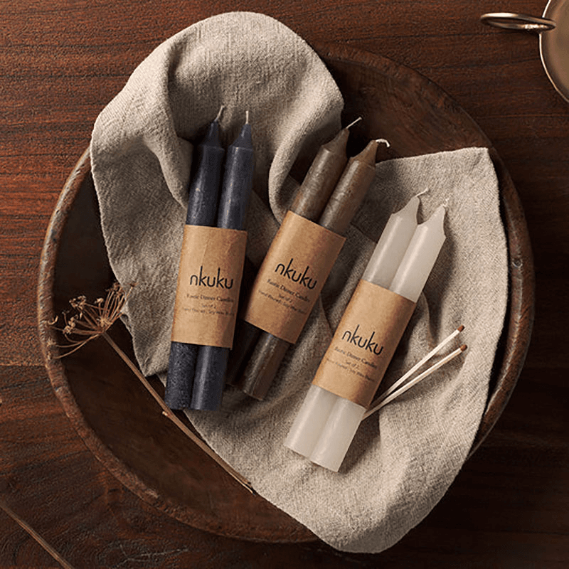 Rustic Set of 2 Dinner Candles, Charcoal