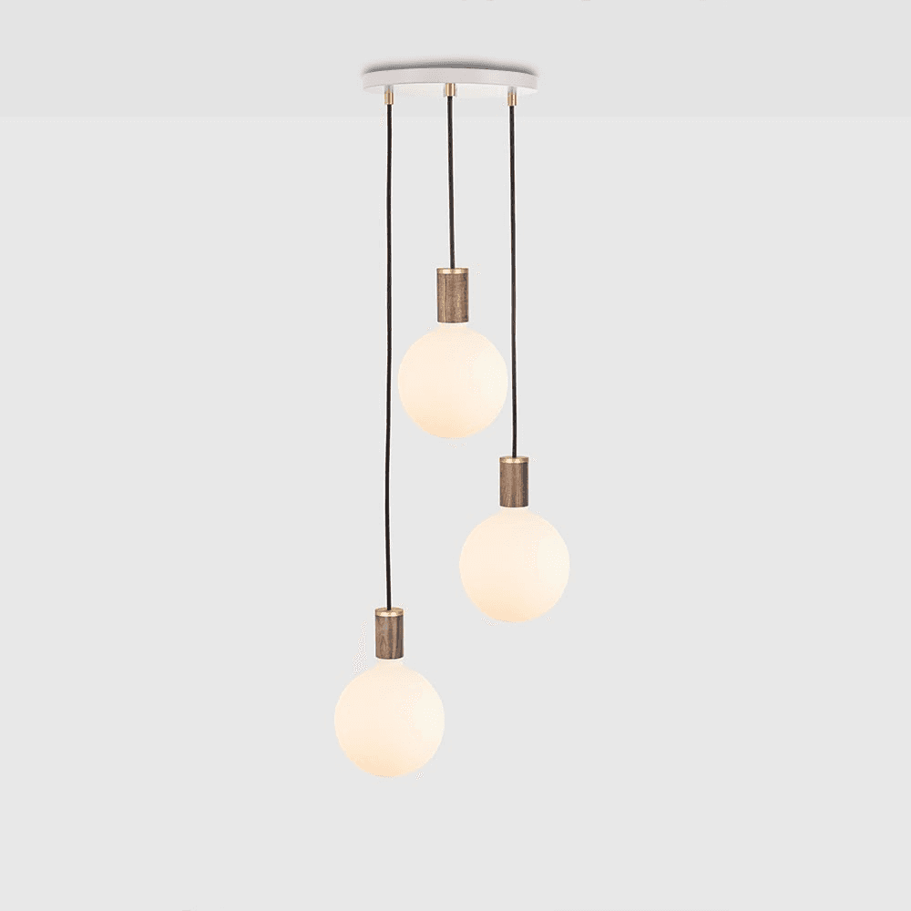 Canopy & Sphere Bulb Triple ceiling plate & pendant set, H400 x W25cm, White & Walnut