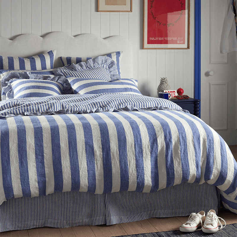 Cora Stripe Linen Wide Stripe Frill Edge Cushion Cover, Cobalt