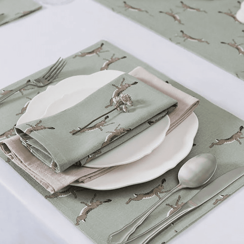Boxing Hares Set of 4 Napkins, Duck Egg Grey