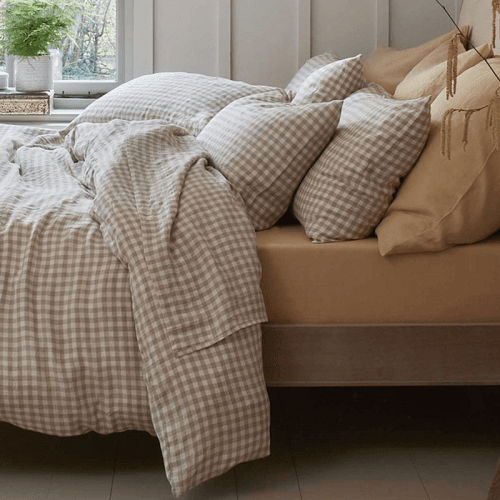 Image showing the Gingham Linen Flat Sheet, King, Mushroom product.