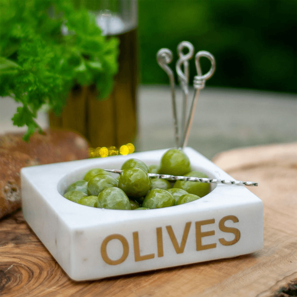 Olive Set of 4 Picks and Holder, White