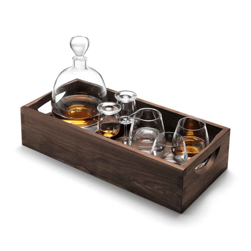 Whisky Islay connoisseur set and walnut tray, L44cm, clear