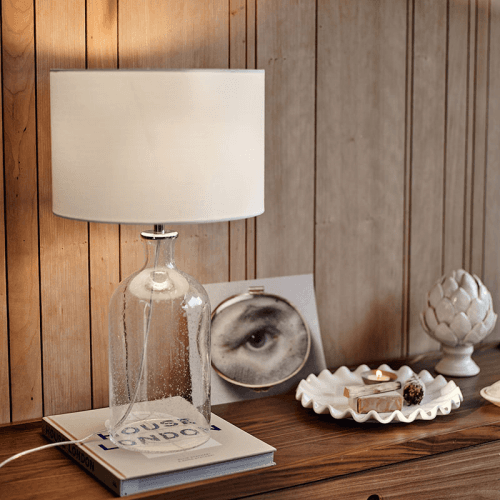 Image showing the Glass Table Lamp, Clear With Grey Shade product.