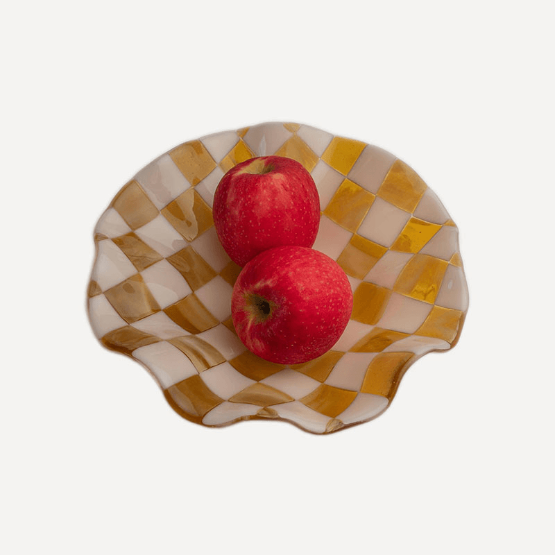 David Perry Bullseye Checkered Wavy Bowl, 25x25x6cm, Almond & Amber
