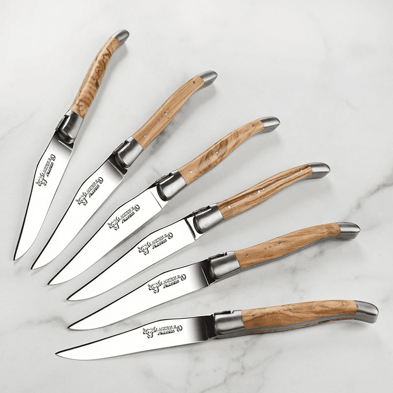 Set of 6 Laguiole Steak Knives, Olive Wood Handles