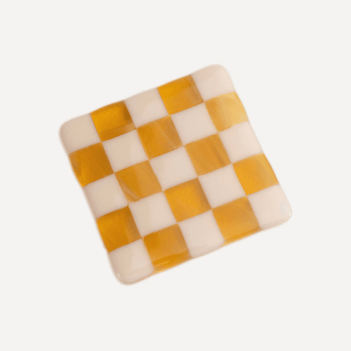 Image showing the David Perry Checkered Set of 4 Coasters, 10cm x 10cm, Almond & Amber product.