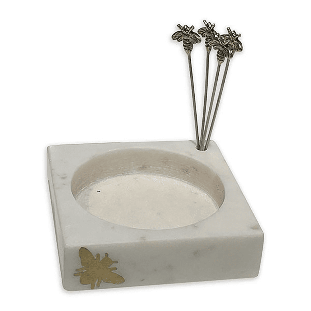 Bee Set of 4 Olive Picks and Holder, White