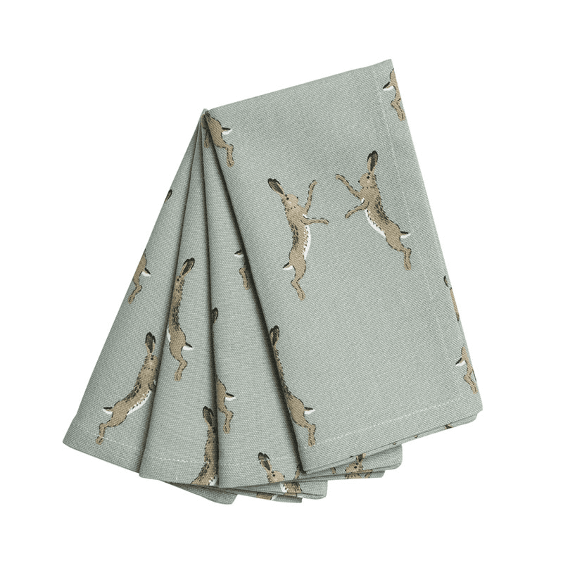 Boxing Hares Set of 4 Napkins, Duck Egg Grey
