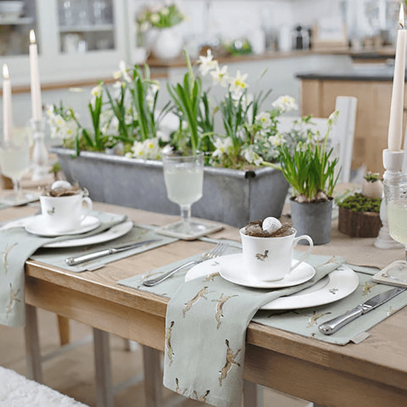 Boxing Hares Fabric Placemat, Duck Egg Grey