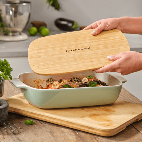 Image showing the Stoneware Dish with Bamboo Lid, 32cm, Pistachio product.