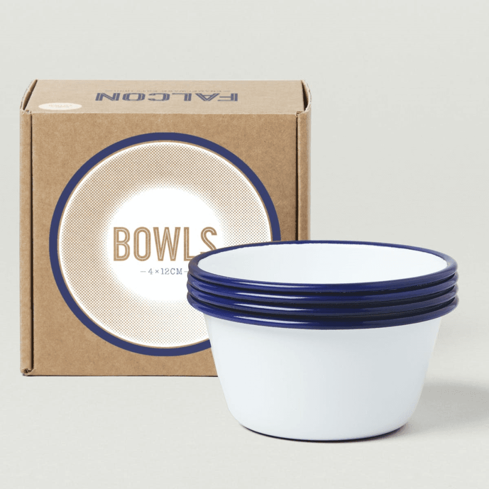 Set of 4 enamel bowls, White With Blue Rim