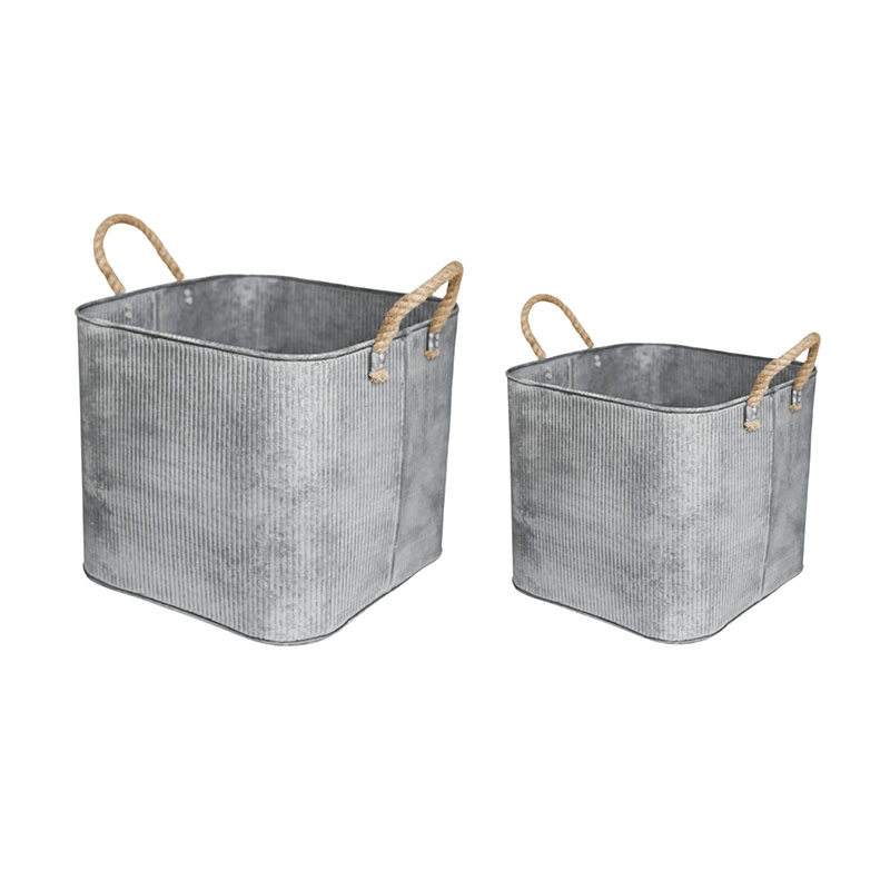 Galvanised Set of 2 Rope Handle Square Planters, Grey