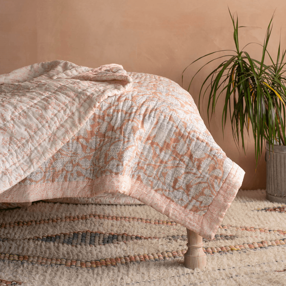 Leaf Hand-Printed Quilt, Natural