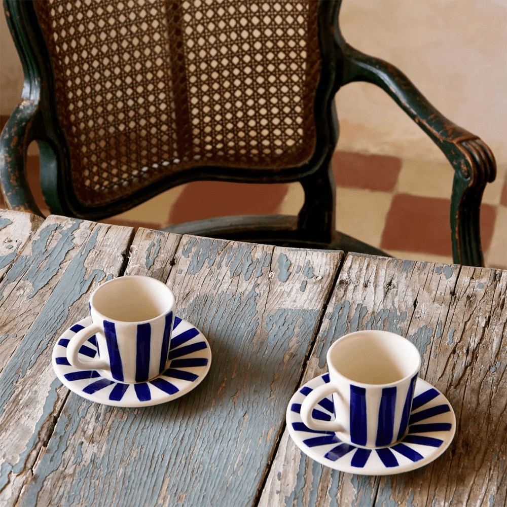 Stripes Set of 4 Espresso Cup & Saucers, Navy