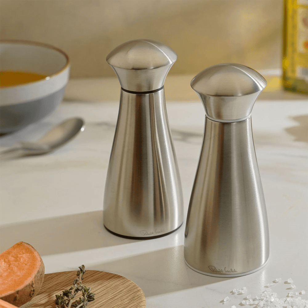 Signature Satin Salt & Pepper Mill & Tray Set, Stainless Steel