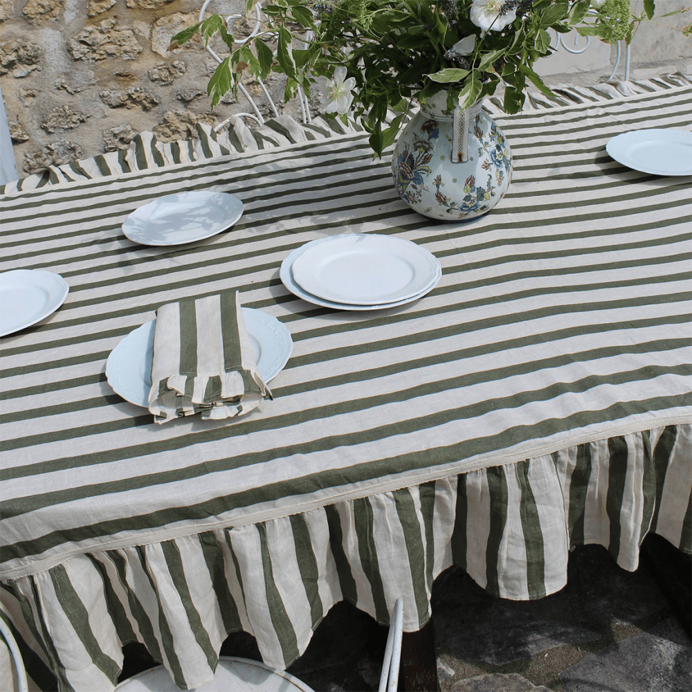 Thin Stripe Tablecloth, Olive & Ivory